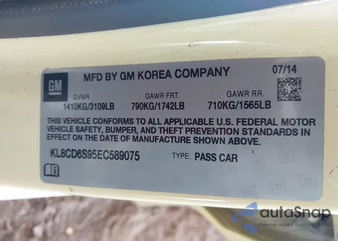 2014 Chevrolet Spark 1Lt Auto z USA, uszkodzony, nr VIN KL8CD6S95EC589075